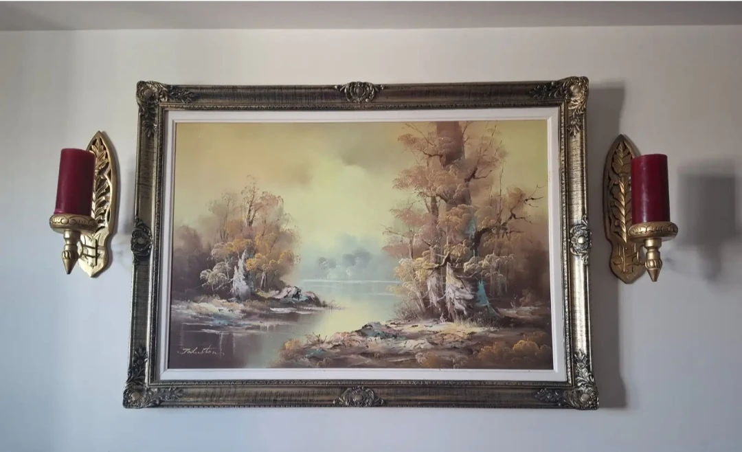 Gold Framed Painting and Matching Candle Sconces
