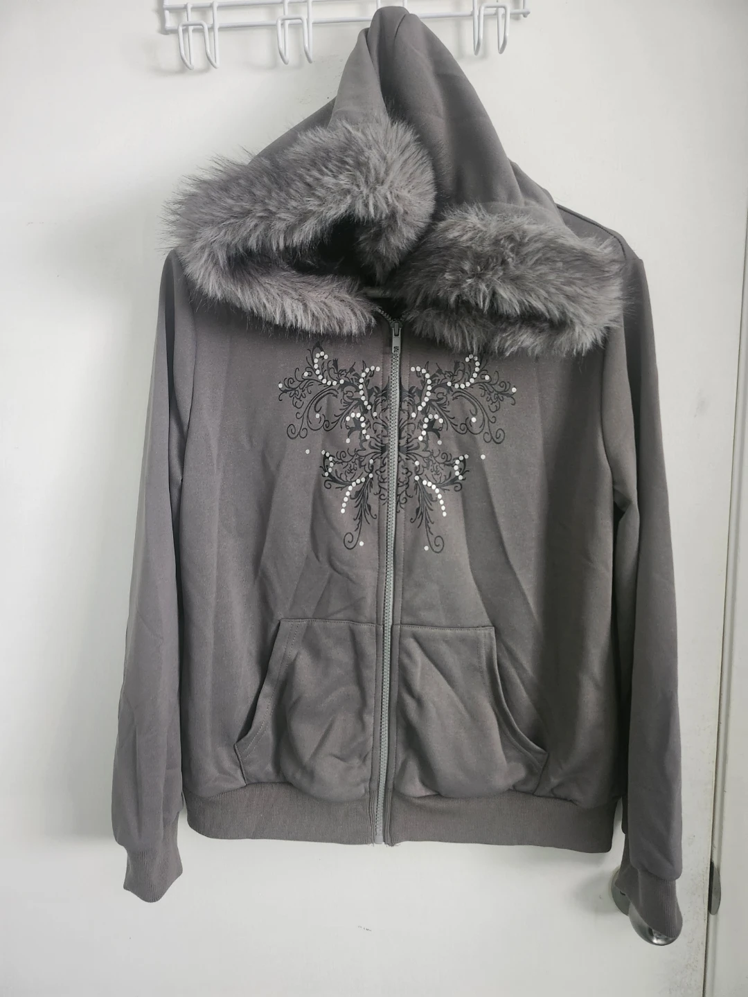 Y2K retro Grey Zip-Up Hoodie with Faux Fur - Size L - photo 2