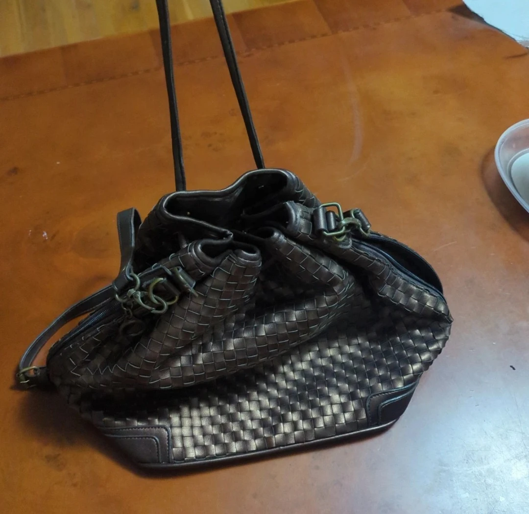 Metallic Bronze Woven Drawstring Bucket Bag - photo 2