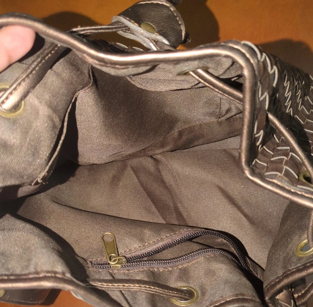 Metallic Bronze Woven Drawstring Bucket Bag - photo 4