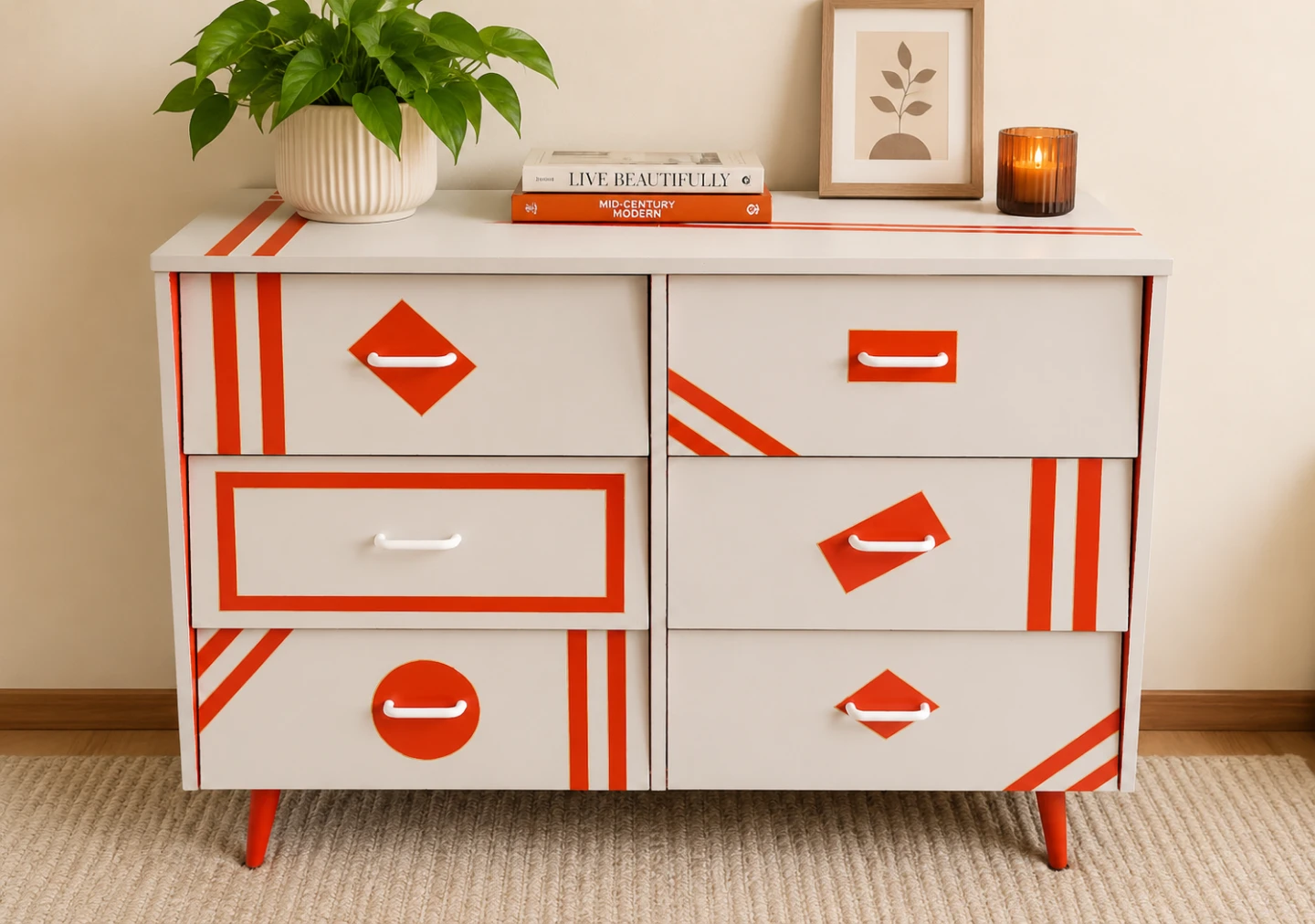 Retro 6-Drawer Dresser with Red Accents