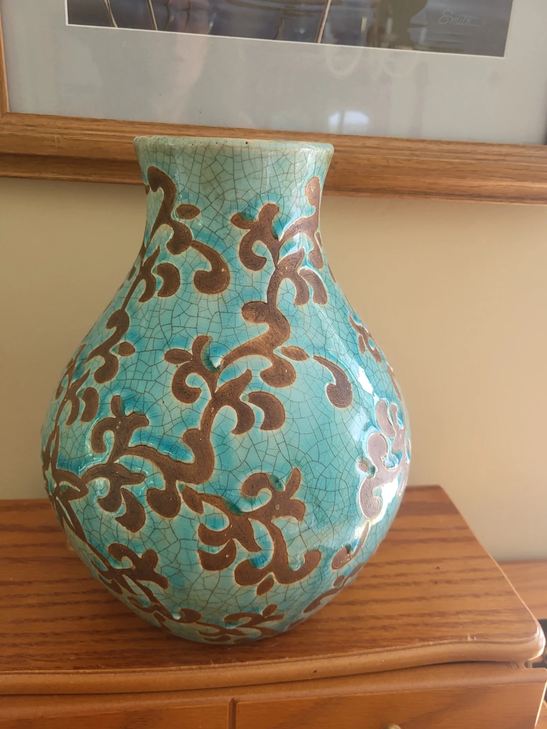 Vintage Turquoise Crackle Glaze Vase with Brown Swirls