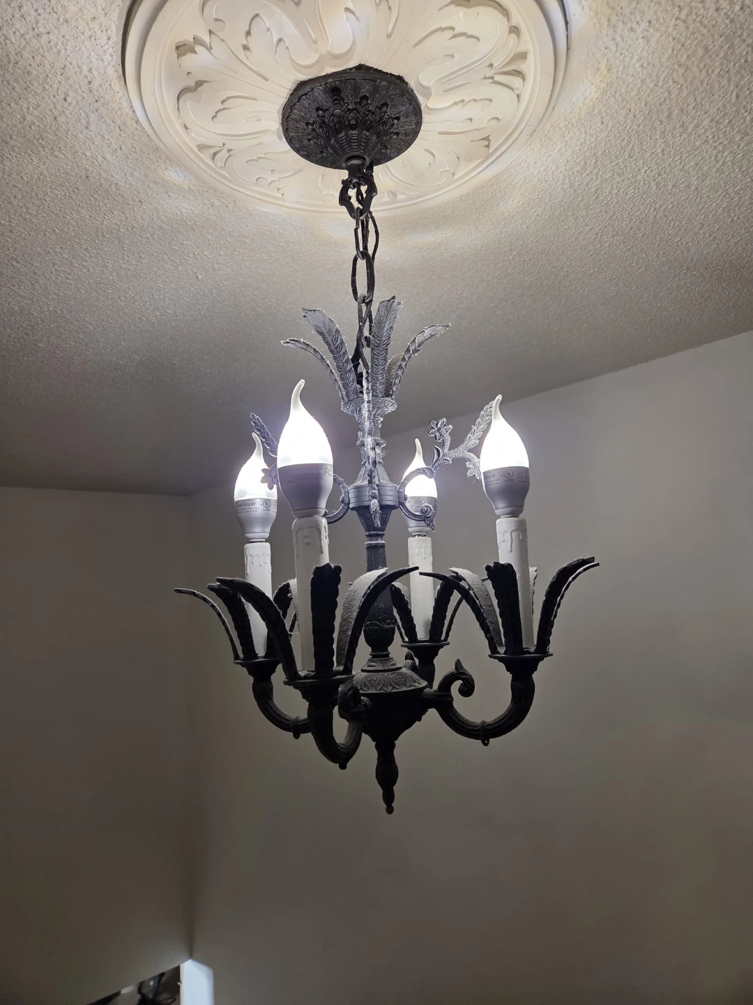 Vintage Brass 4-Light Chandelier painted black. Approx 16" tall. - photo 2