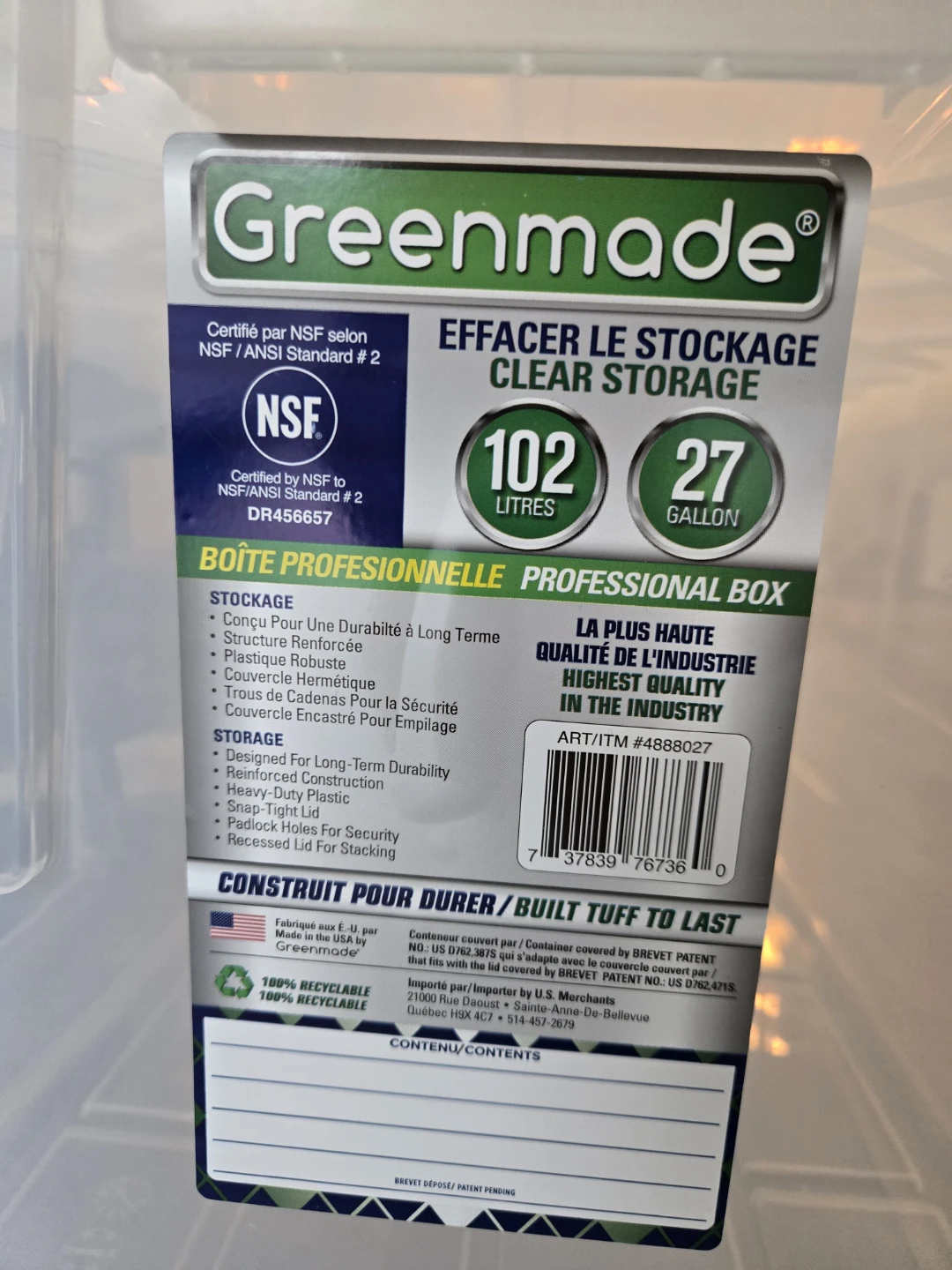 Greenmade Clear Storage Bin - 102 Litre / 27 Gallon