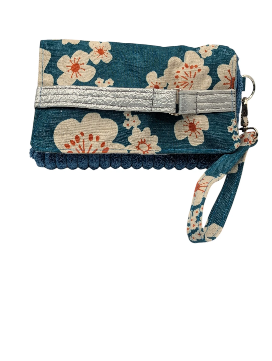 Handmade Teal Corduroy and Floral Canvas Wristlet