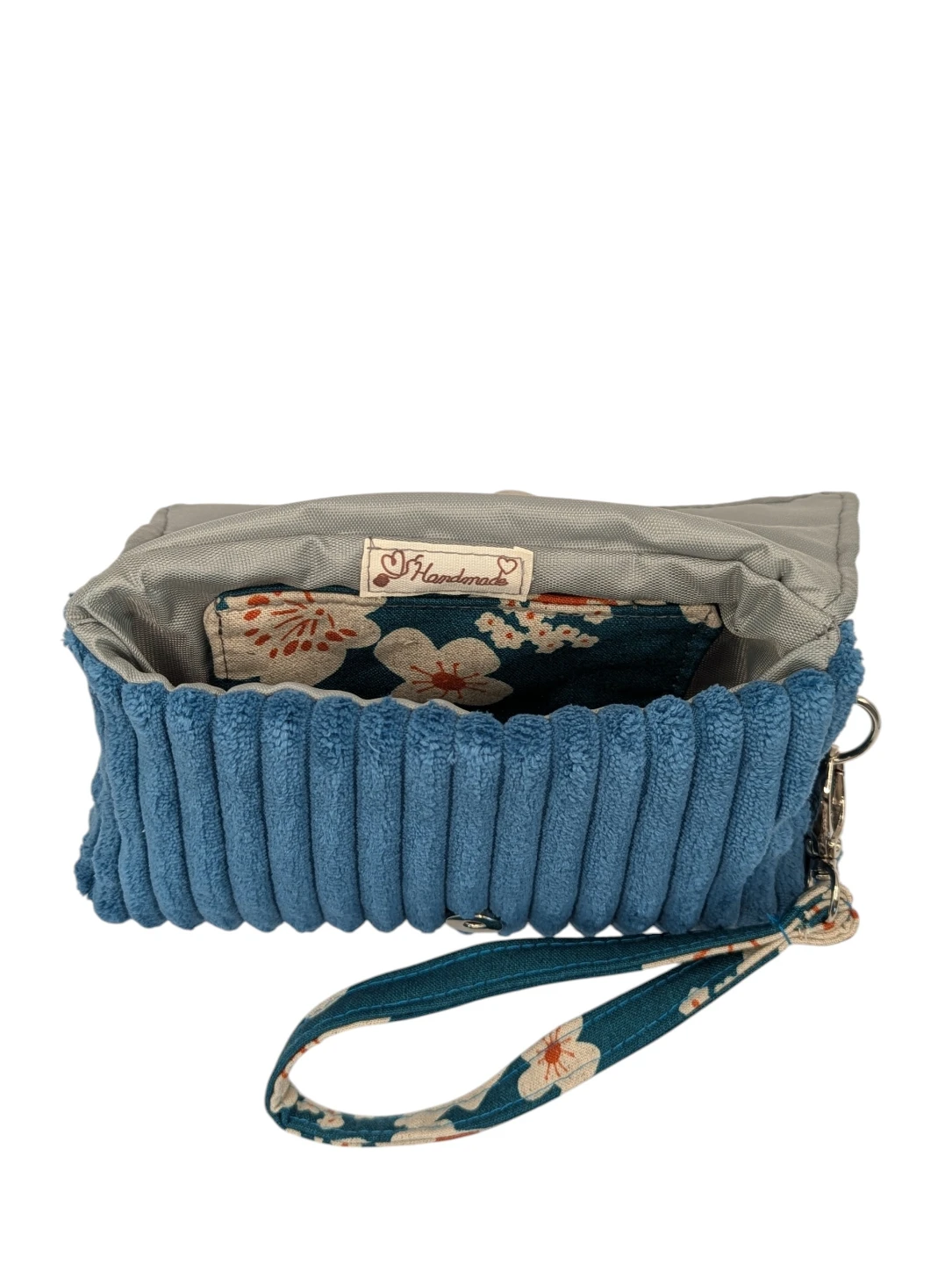 Handmade Teal Corduroy and Floral Canvas Wristlet - photo 3