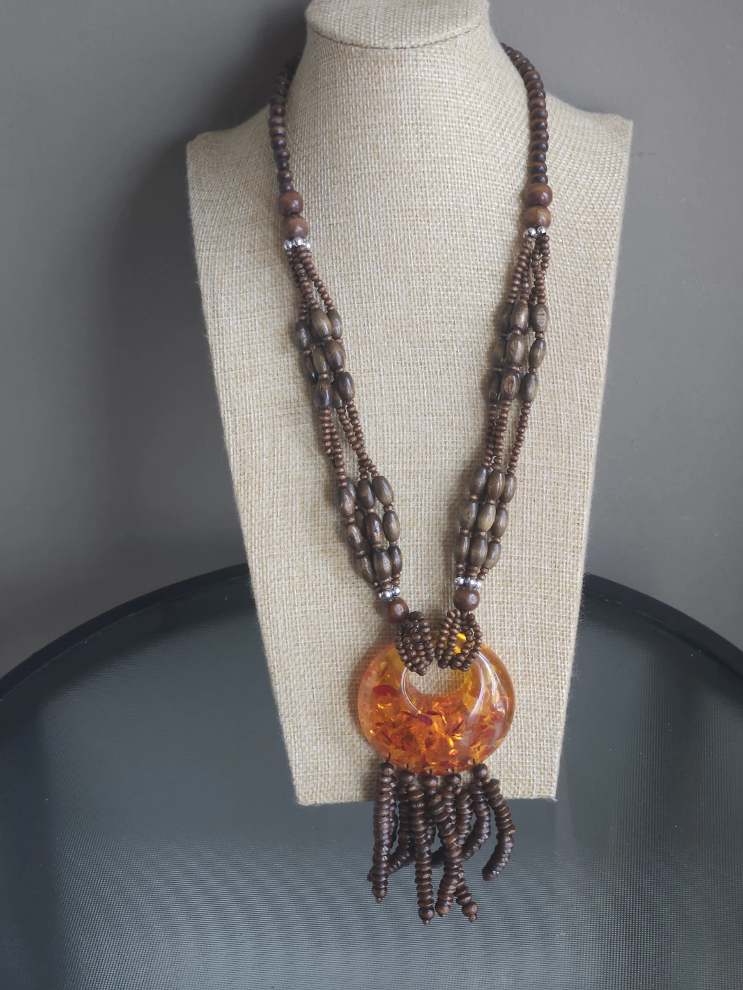 Vintage  hand made Bead Necklace with Amber Pendant