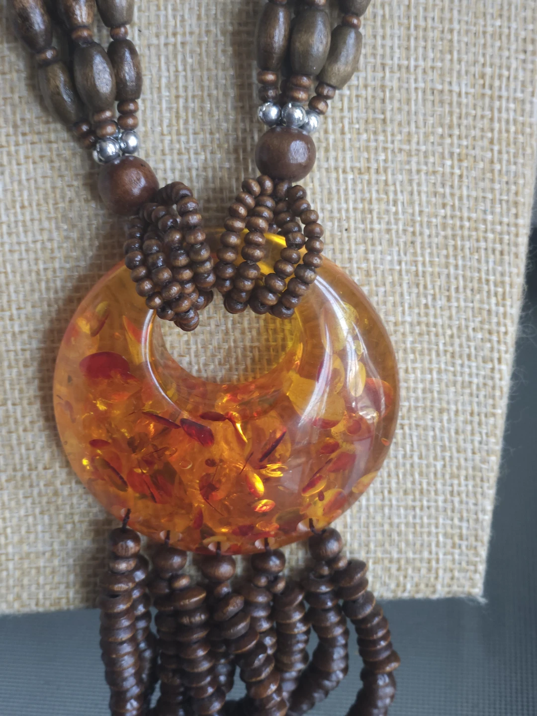 Vintage  hand made Bead Necklace with Amber Pendant - photo 2