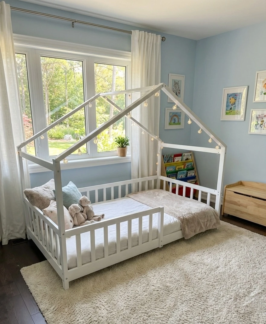 White Toddler House Bed Frame with Safety Rails