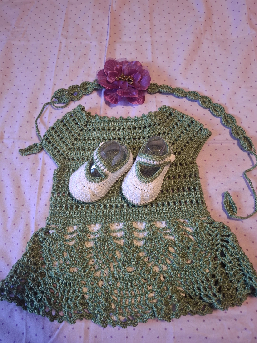 Hand-Crocheted Baby Dress, Shoes, and Headband Set