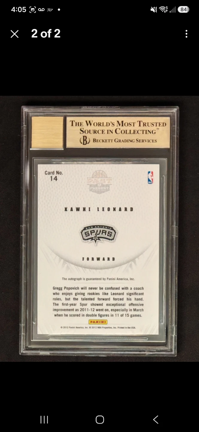 Panini Past & Present Kawhi Leonard Autograph Card #14 BGS 9.5 - photo 2