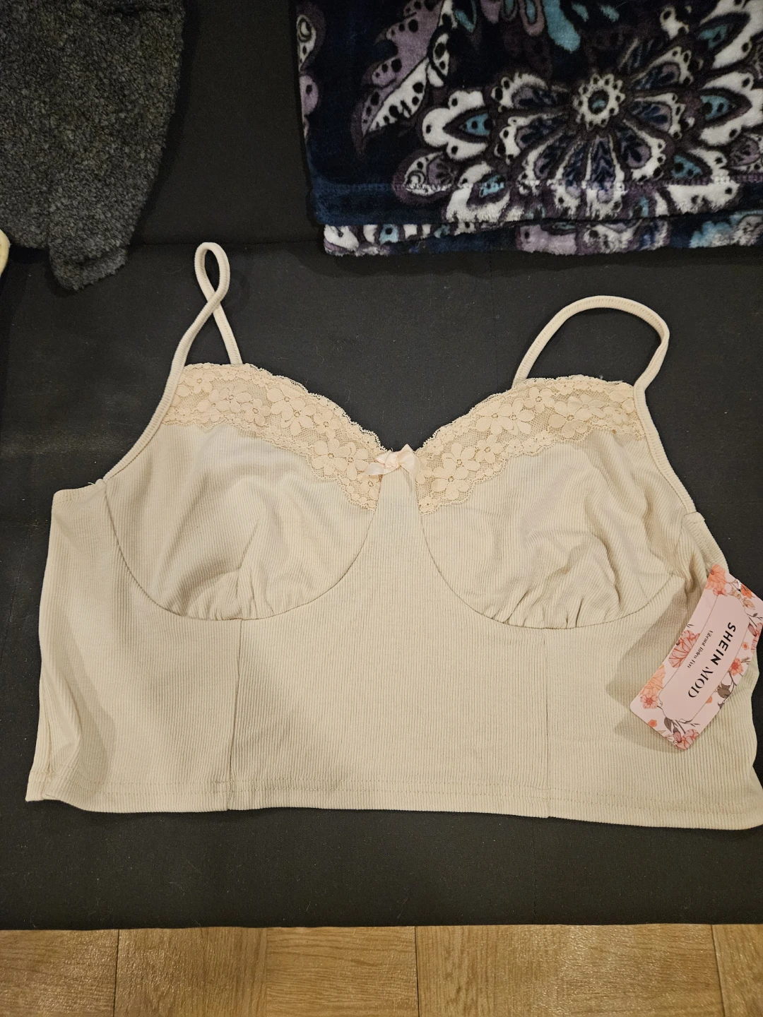 SHEIN CURVE Beige Ribbed Lace Trim Top