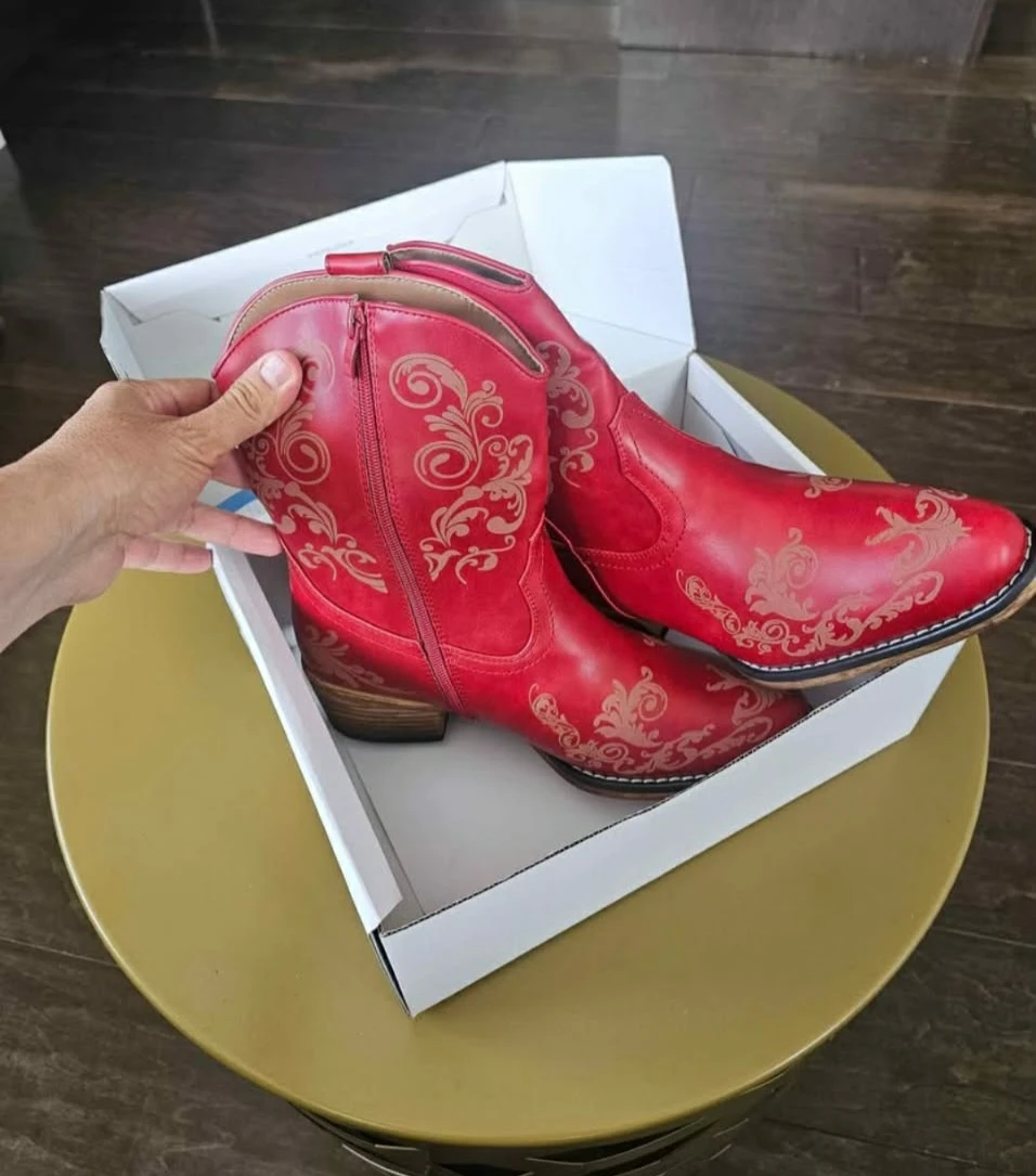 Women's Cowboy Cowgirl Western Ankle Boots Low Chunky ... - photo 2