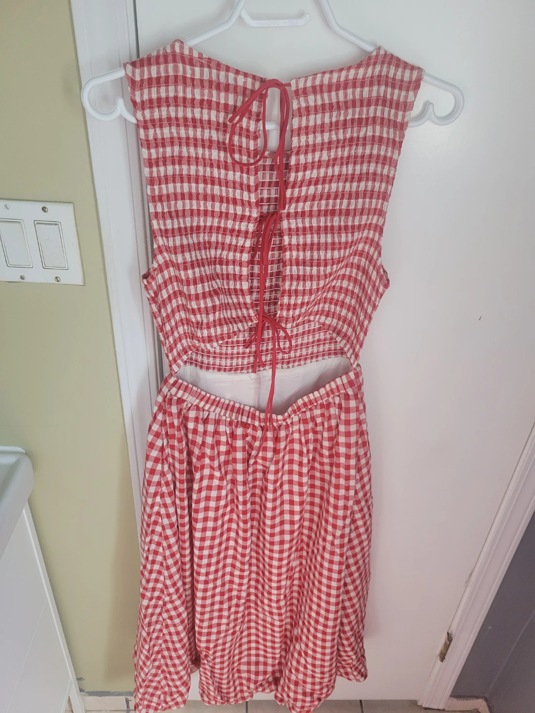 Red Gingham Smocked Midi Dress