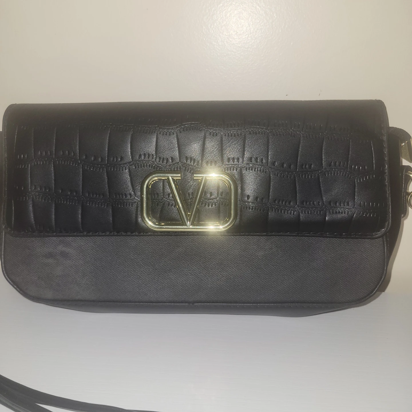 Black Clutch Handbag with Gold 'V' Logo