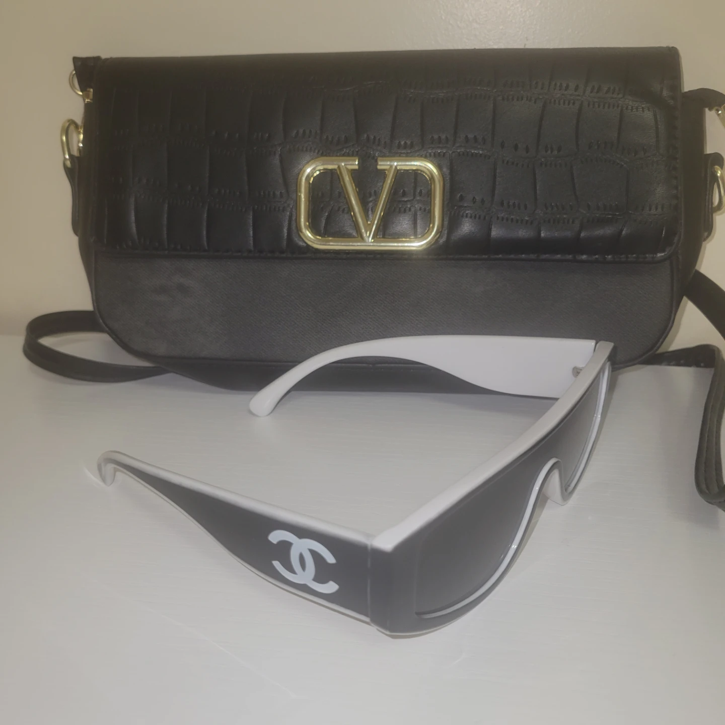 Black Clutch Handbag with Gold 'V' Logo - photo 4