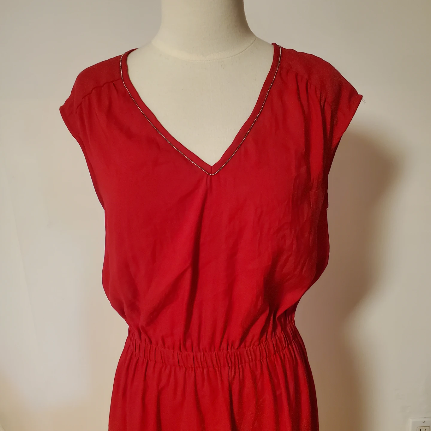 H&M Red Cap Sleeve Dress with Beaded Neckline - Size 4