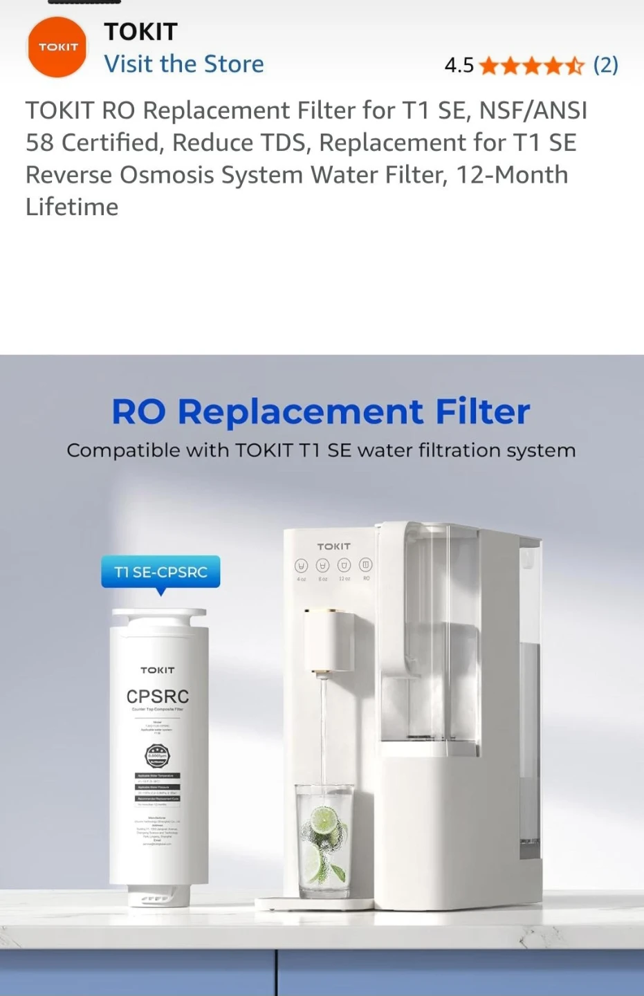 TOKIT CPSRC RO Replacement Filter for T1 SE