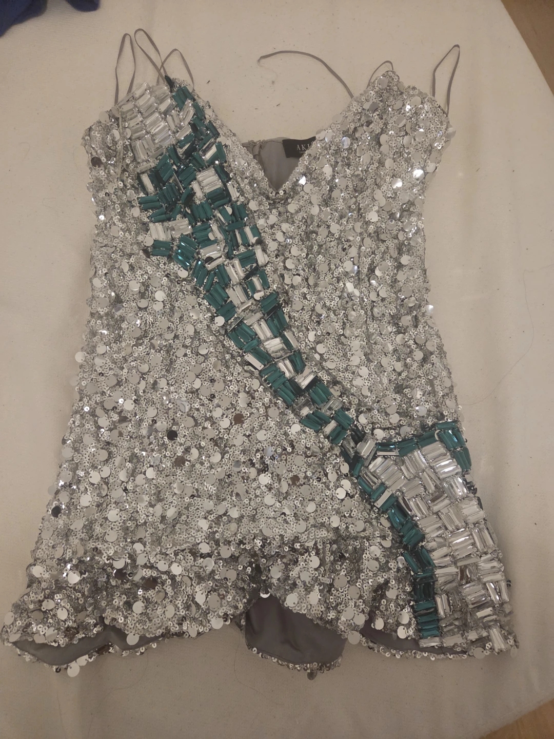 Sparkly Silver Sequin Dress with Green & Crystal Embellishments