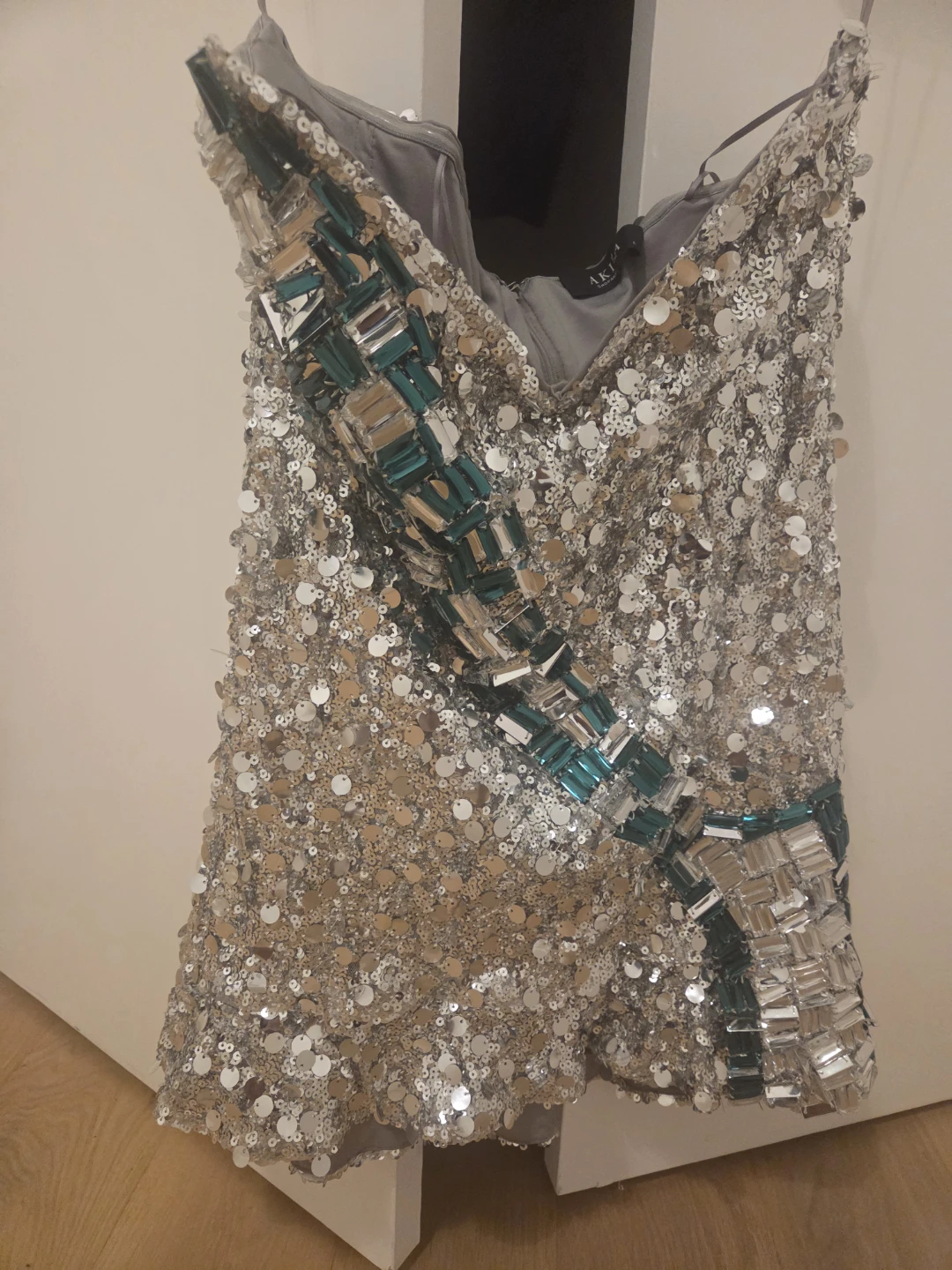 Sparkly Silver Sequin Dress with Green & Crystal Embellishments - photo 2