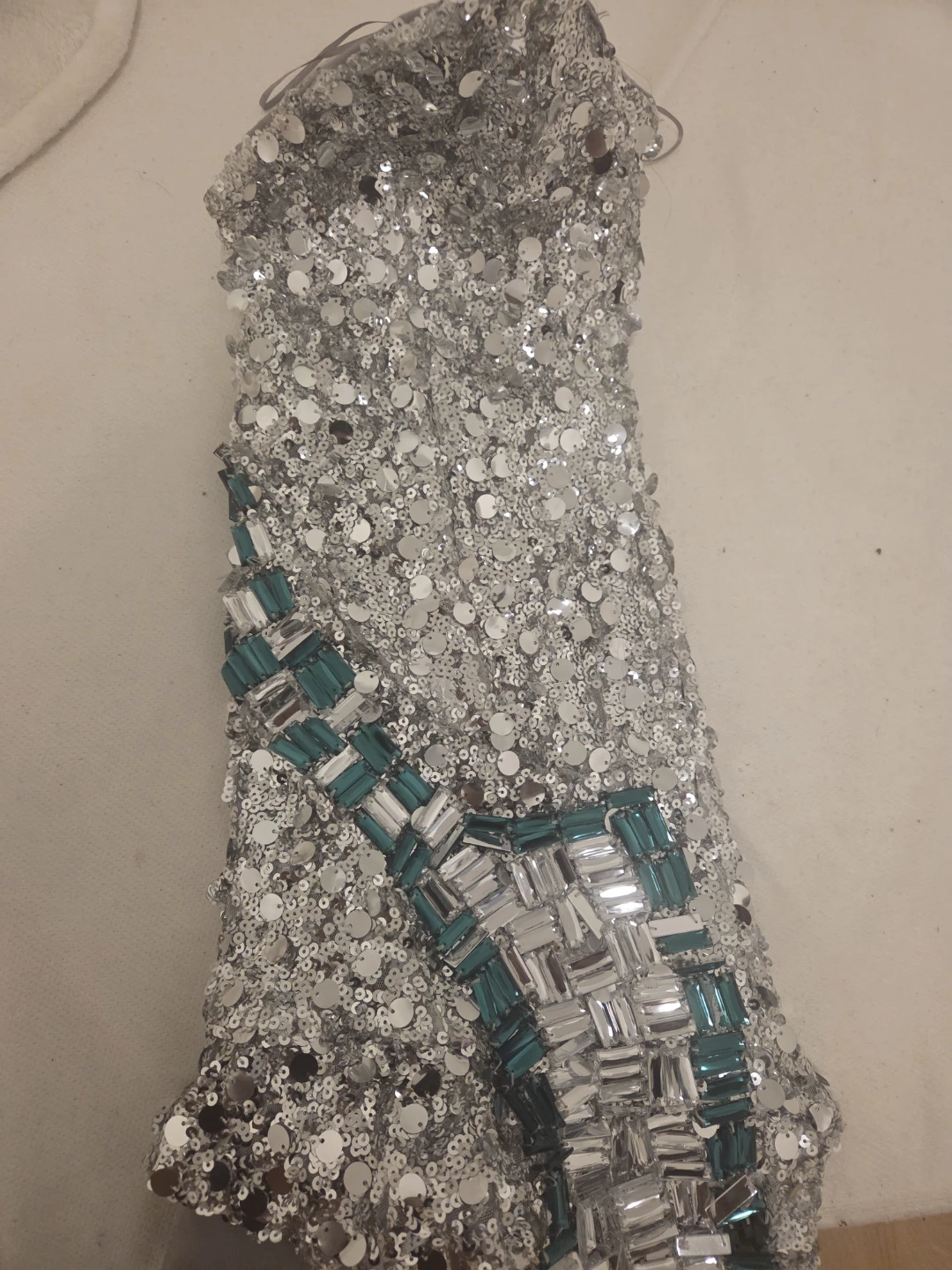 Sparkly Silver Sequin Dress with Green & Crystal Embellishments - photo 4