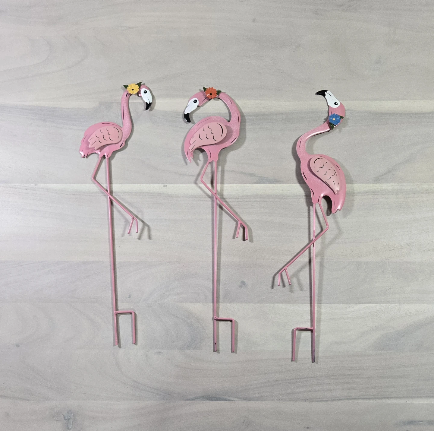 Set of 3 Pink Metal Flamingo Garden Stakes