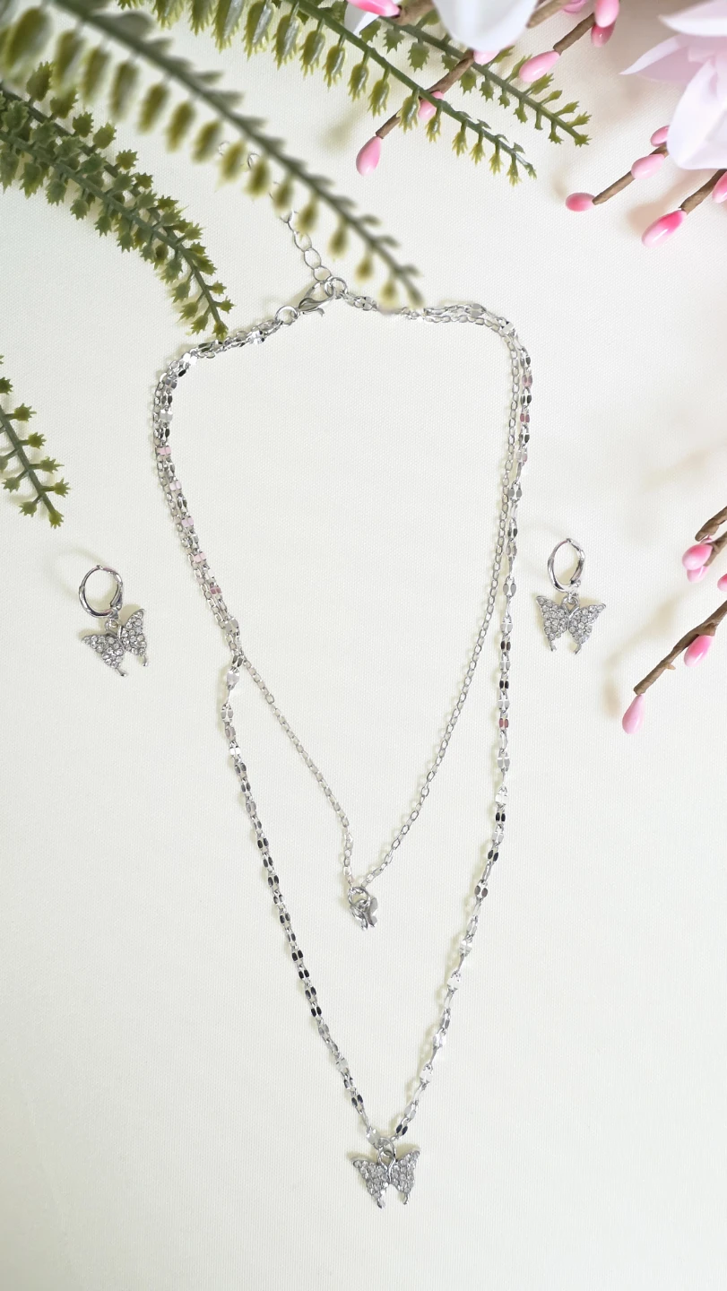 Silver Butterfly Necklace and Earring Set