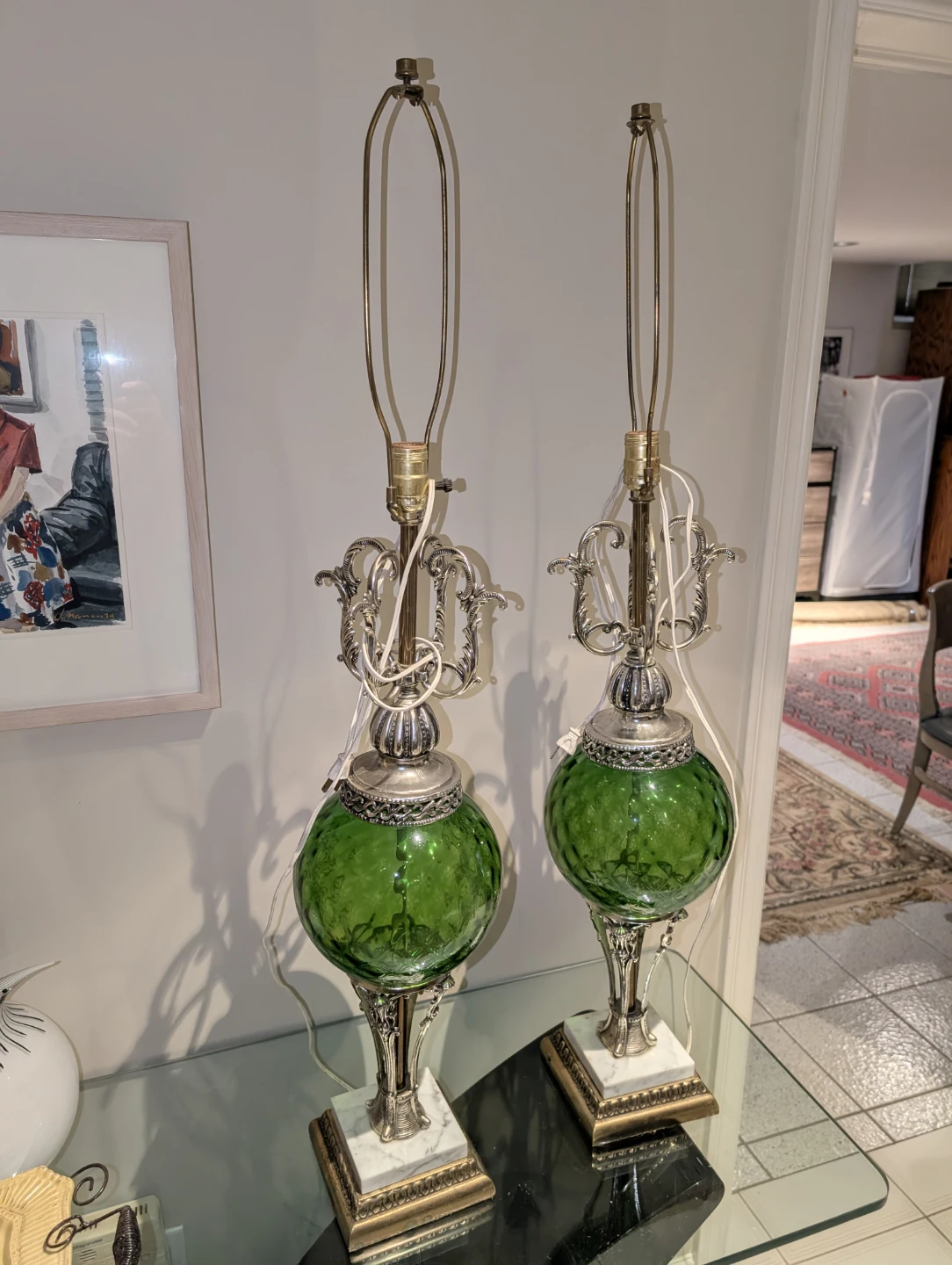 Pair of Green Glass Table Lamps with Ornate Silver Base