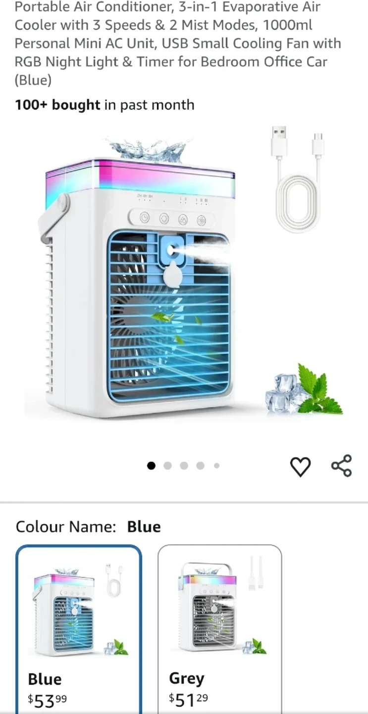 Portable Air Conditioner with 3 Speeds & 3 Mist Modes