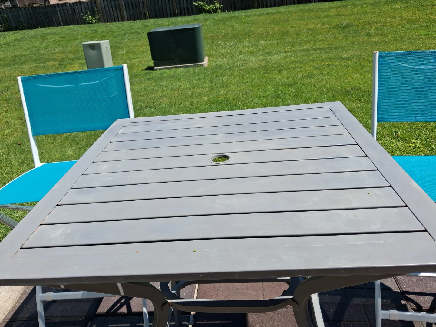 Blue Folding Patio Chairs and Grey Table. - photo 4