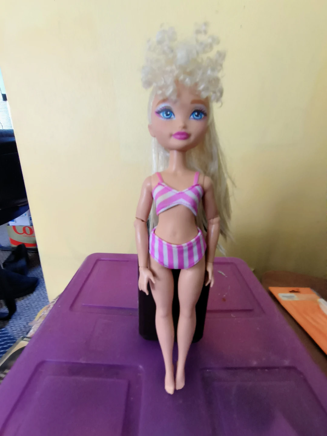 Blonde Doll in Striped Bikini about 11 tall