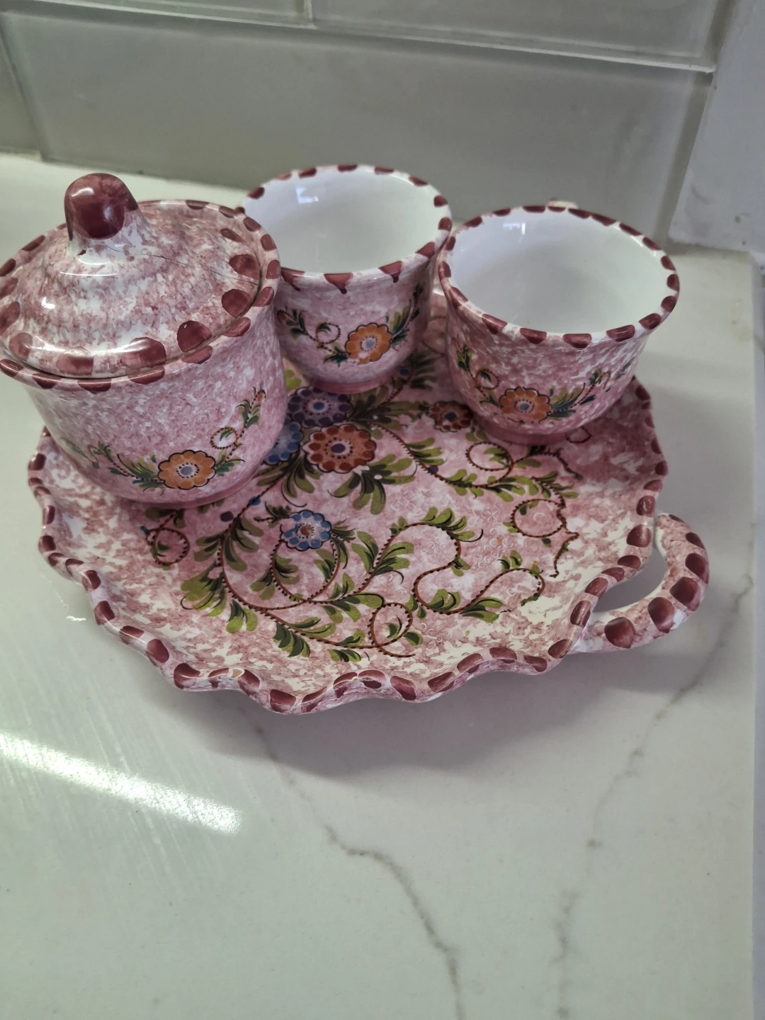 Pink Floral Ceramic Serving Tray with Cups and Lidded Dish