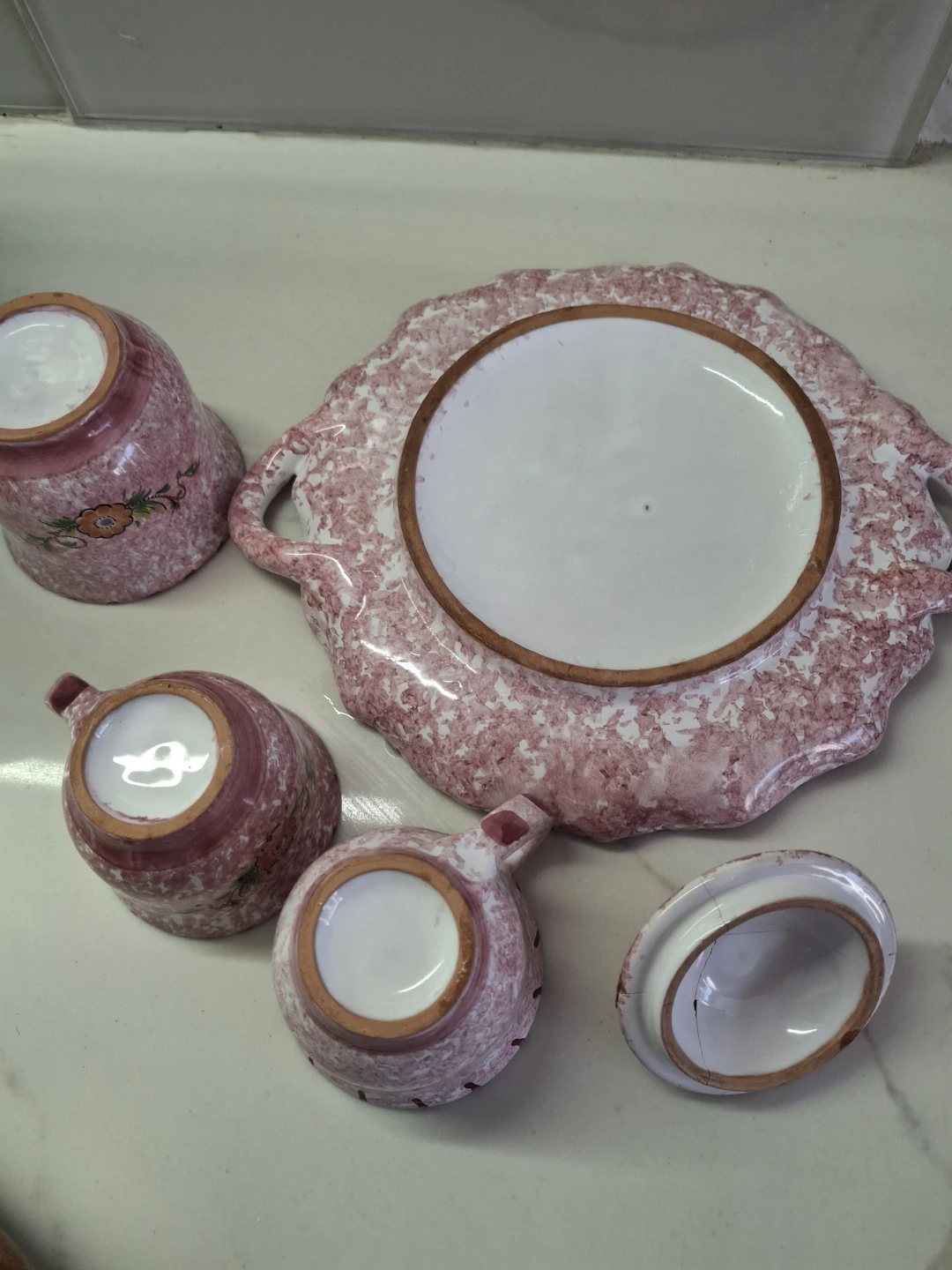 Pink Floral Ceramic Serving Tray with Cups and Lidded Dish - photo 5