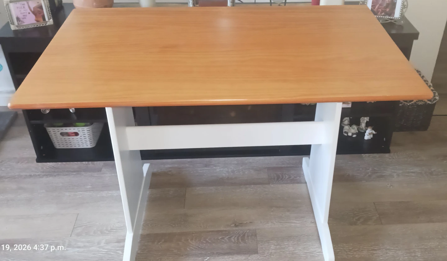 Wooden top table with white pedestal base