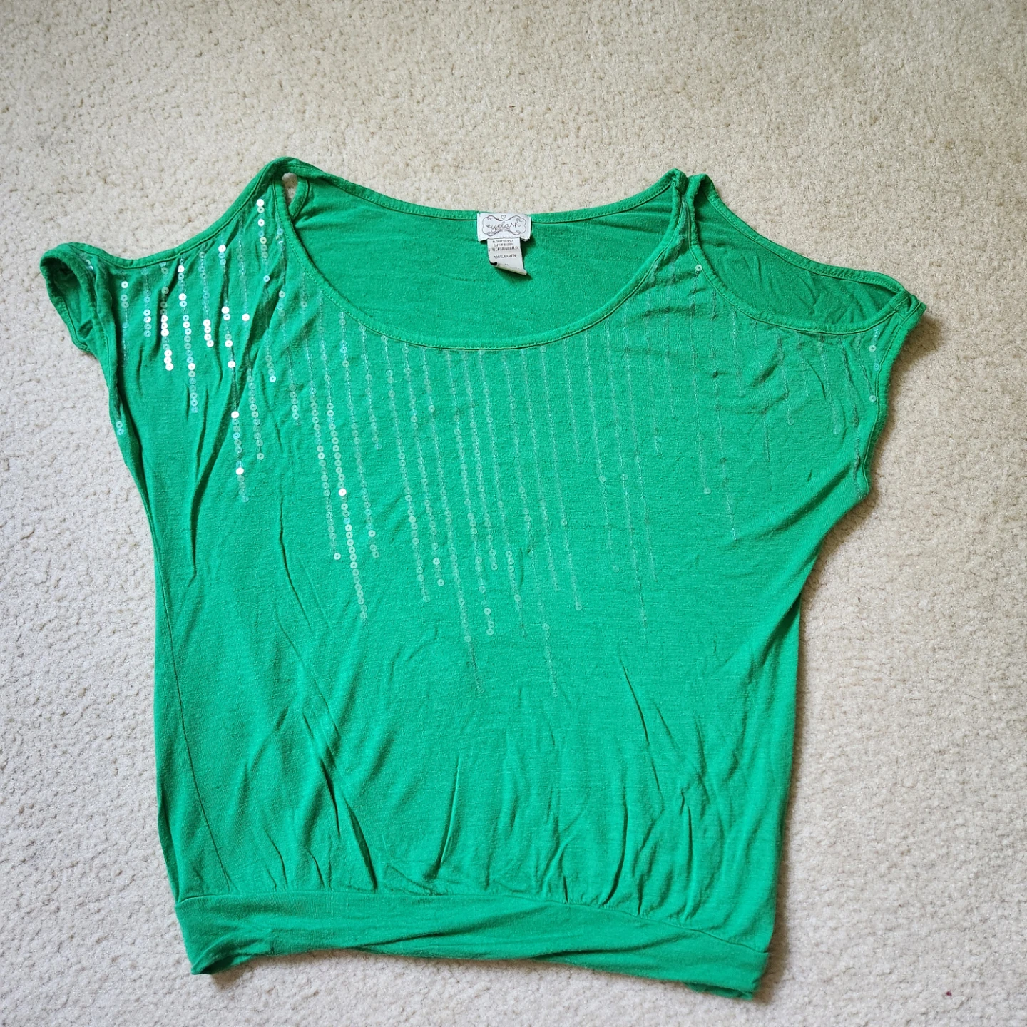 Eyelash Couture Green Cold Shoulder Sequin Top - Medium