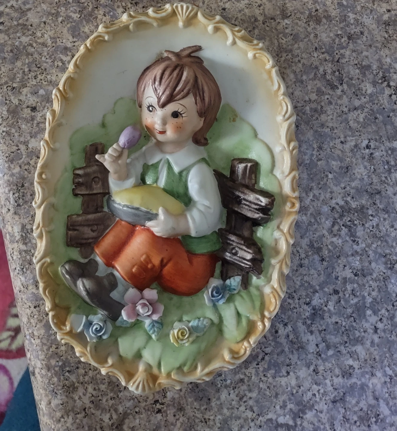 Vintage Ceramic Wall Plaque - Girl with Lamb & Boy with Flower