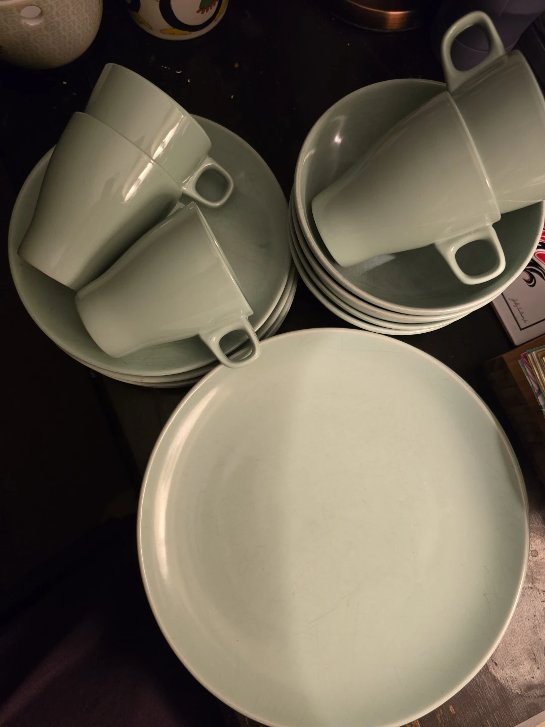 Set of 4 Mint Green Mugs dinner  Plates side plates and bowls