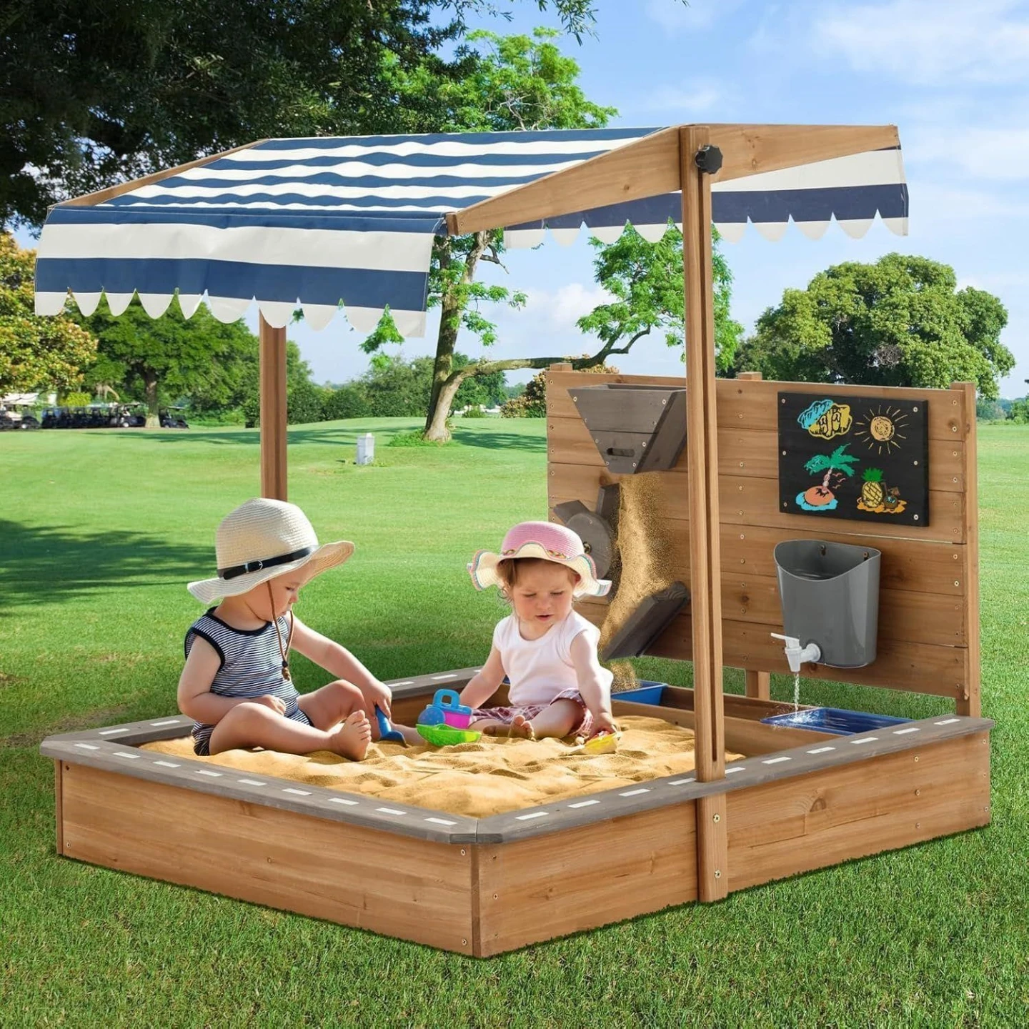 Kids Wooden Sandbox with Awning and Activities