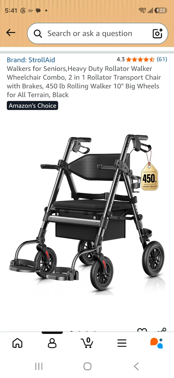 StrollAid Heavy Duty Rollator Wheelchair Combo - Black