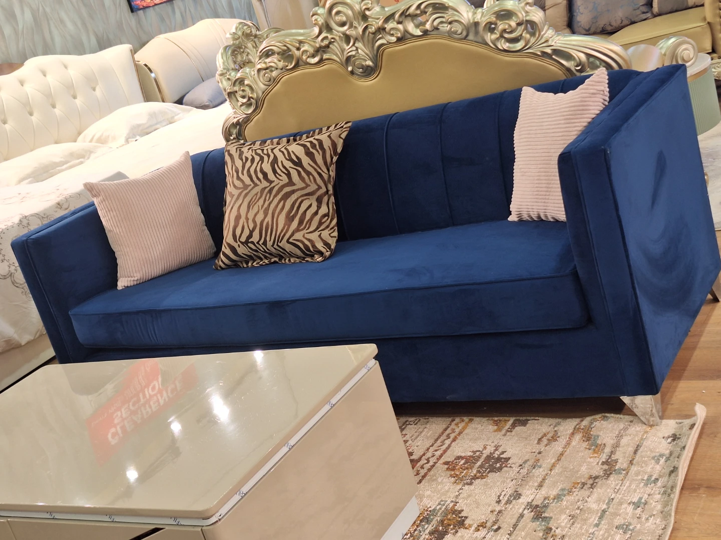 Blue Velvet Sofa with Accent Pillows