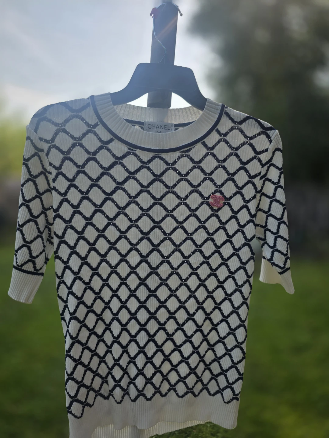 CHANEL Knit Top with Pink Embellishment