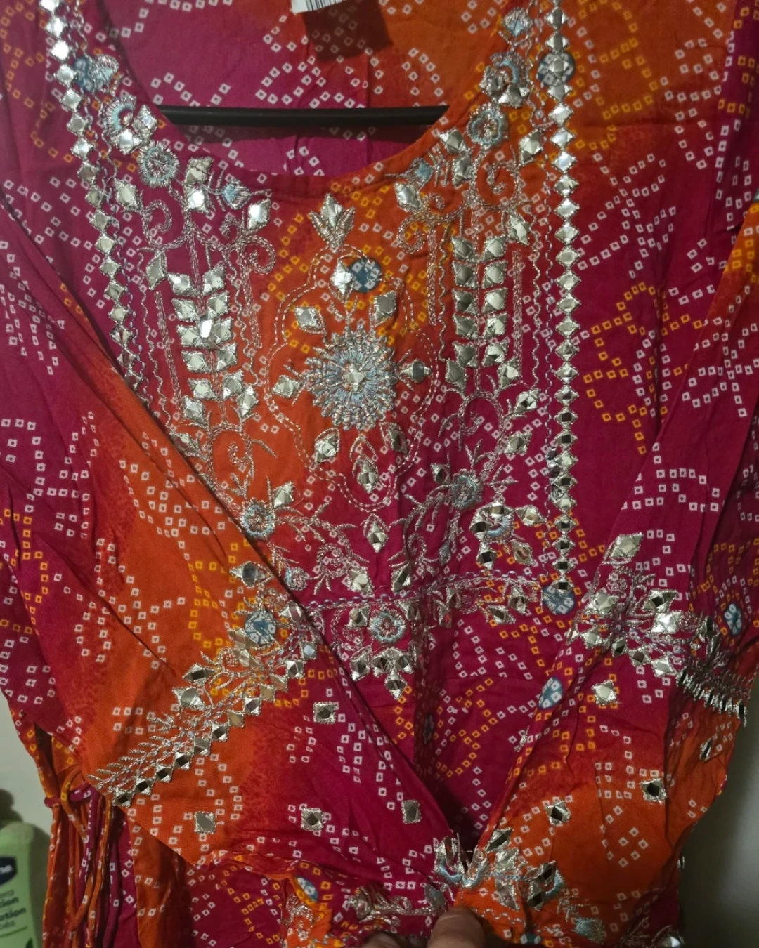 New Orange and Pink Tie-Dye Kurti with Embellished Neckline - photo 3