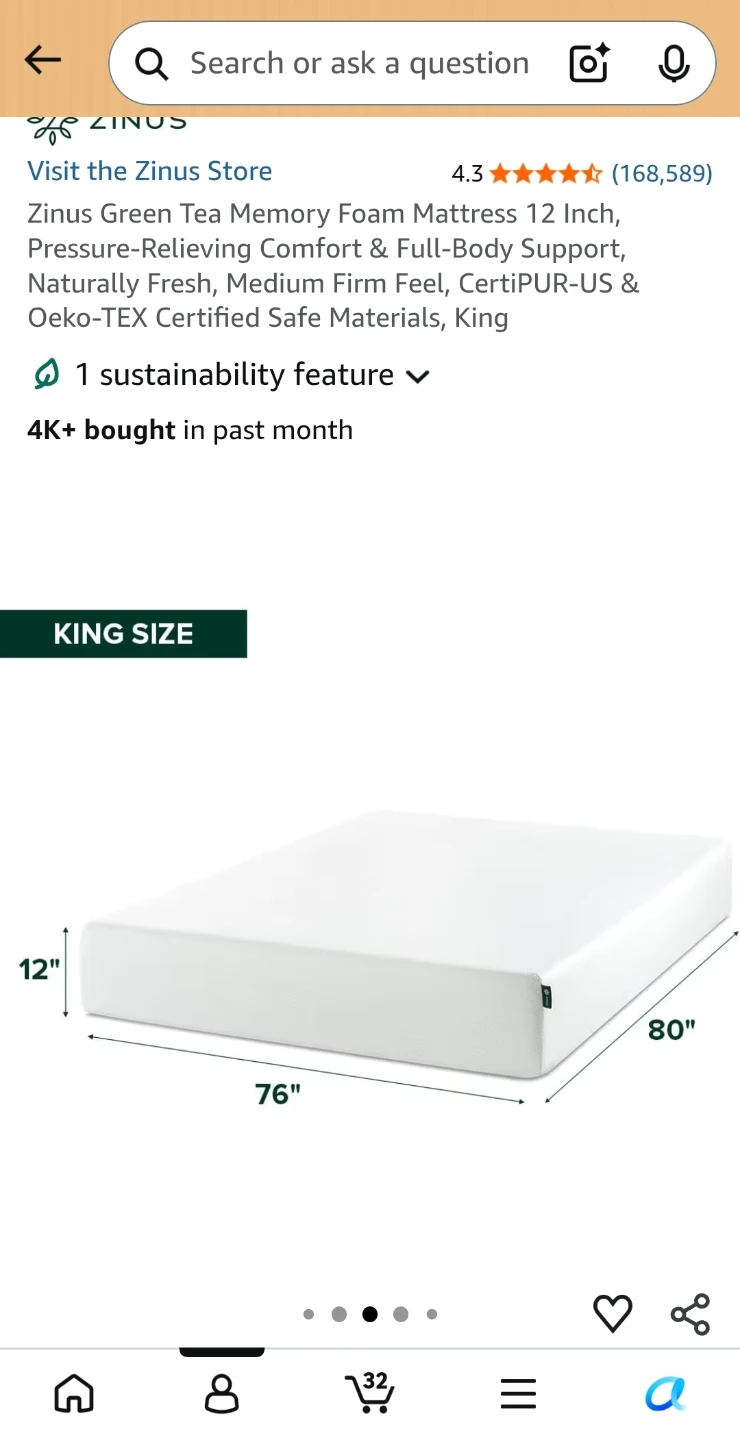 Zinus Green Tea Memory Foam Mattress King Size 12 Inch