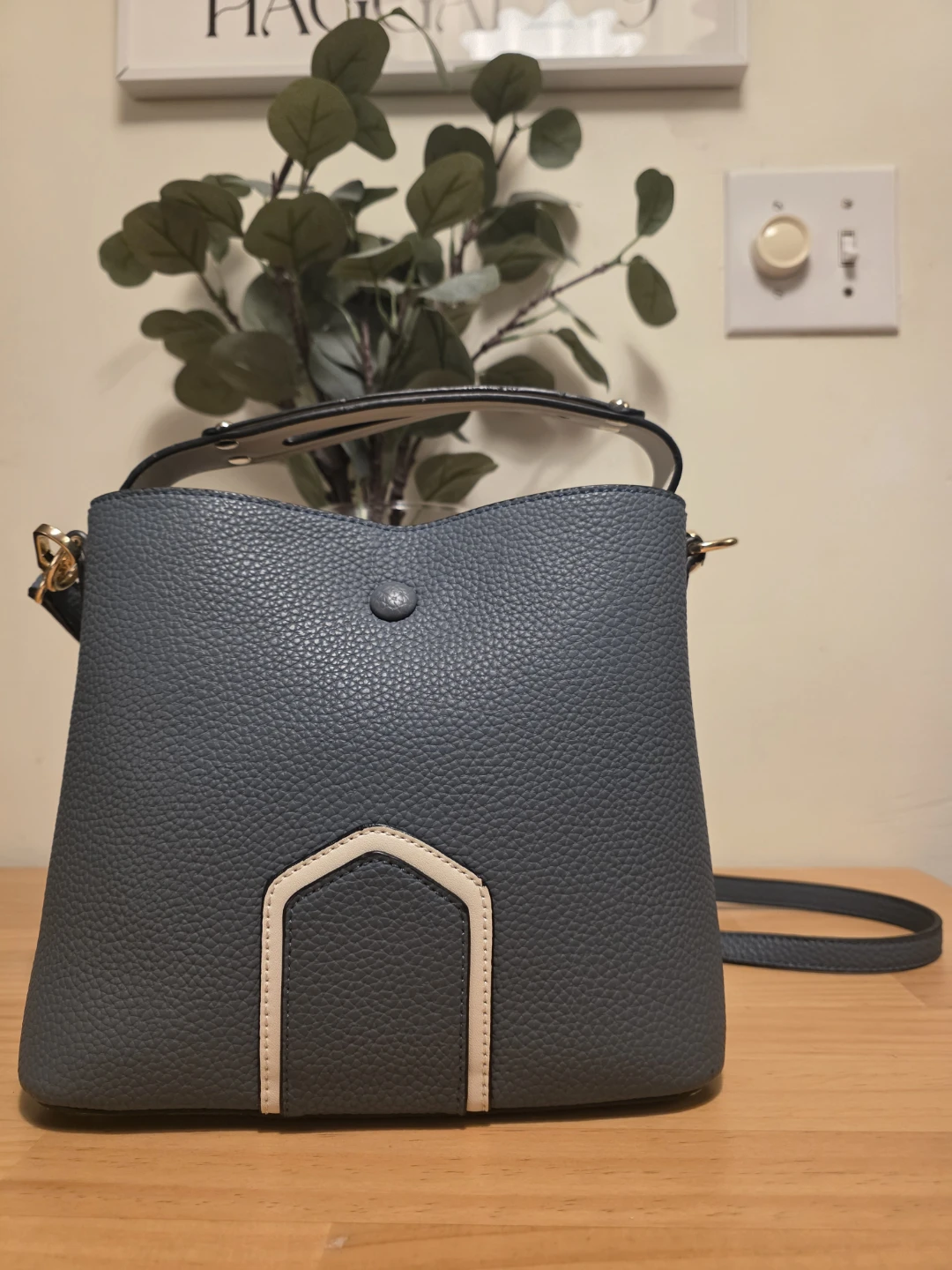 Blue Faux Leather Bucket Bag with Strap