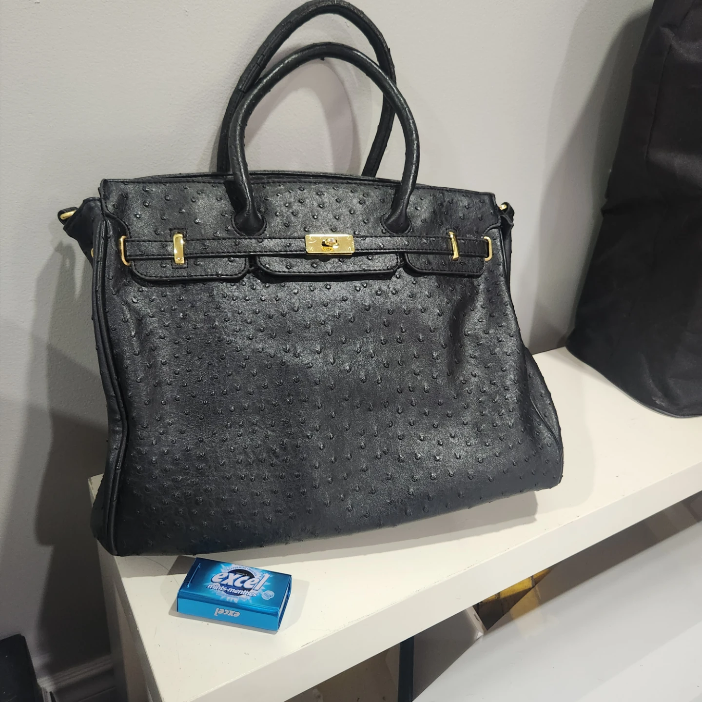 Black Ostrich Embossed leather Large Handbag