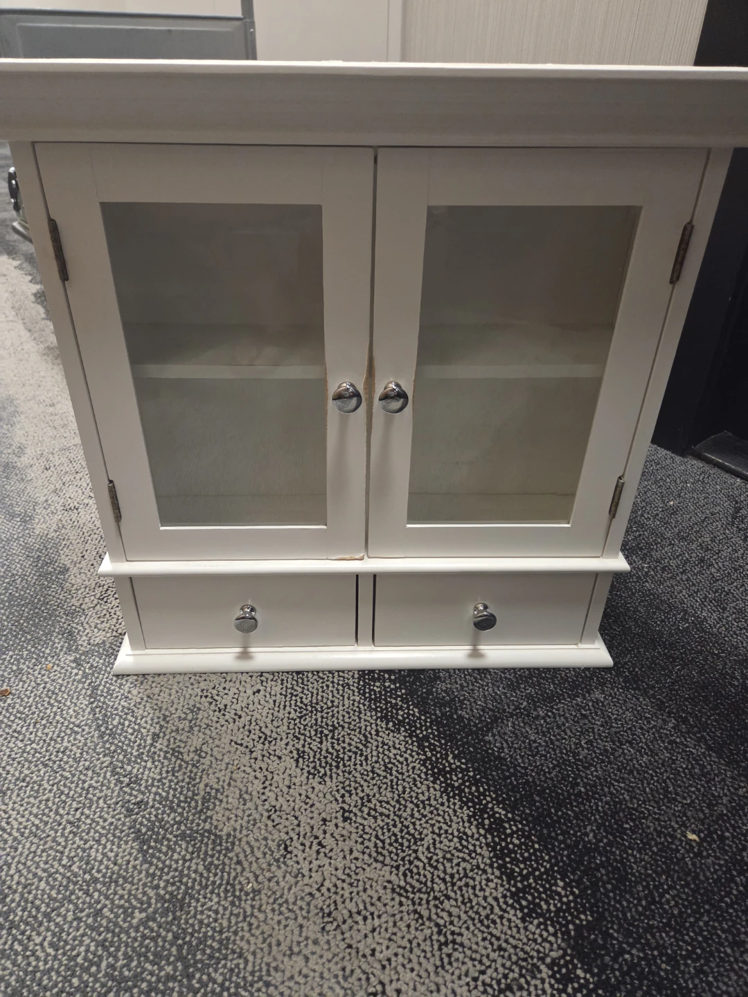 White Wall Cabinet with Glass Doors and Drawers