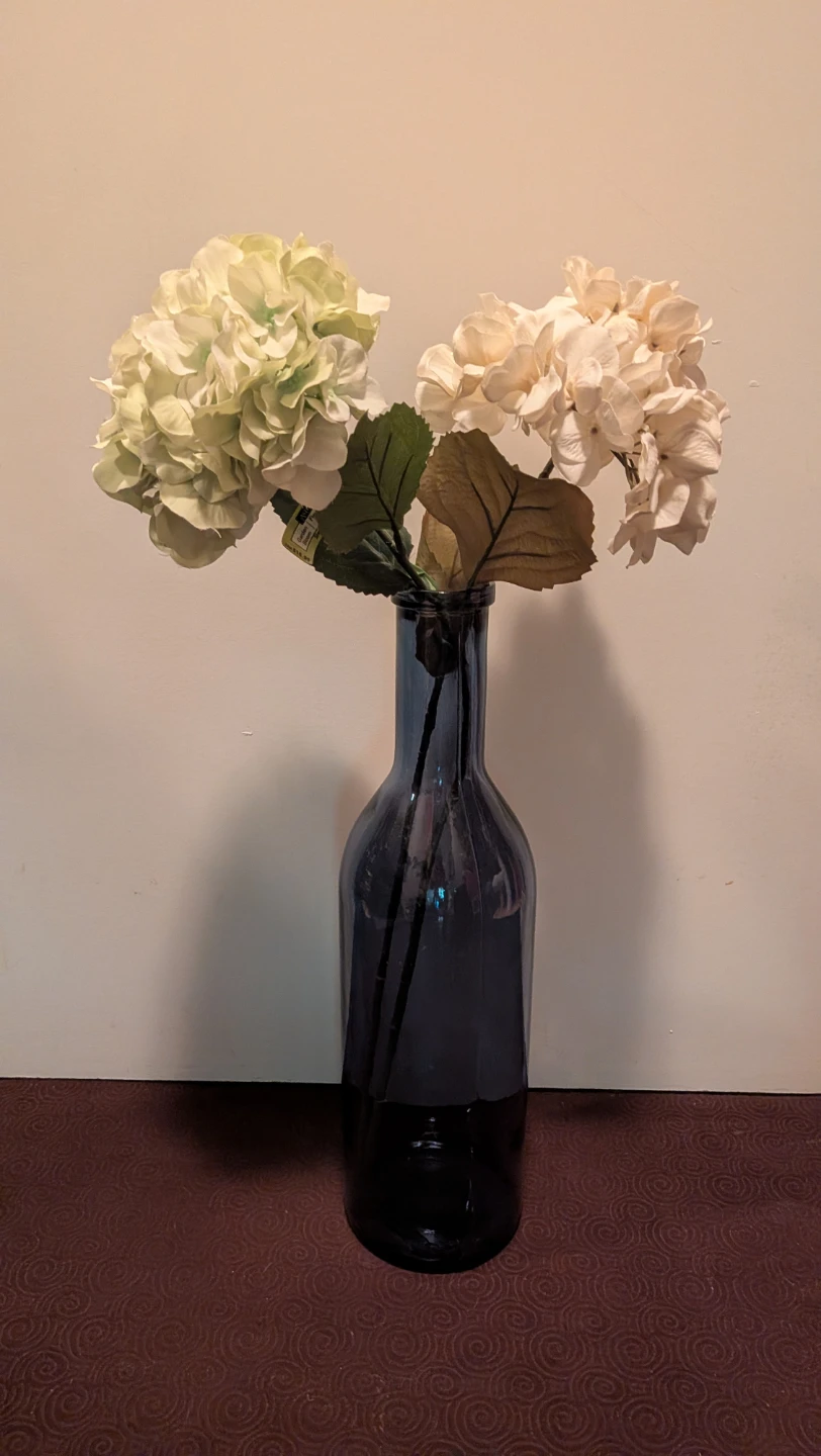 Tall 29" Decorative Blue Glass Bottle Vase wirh Flowers