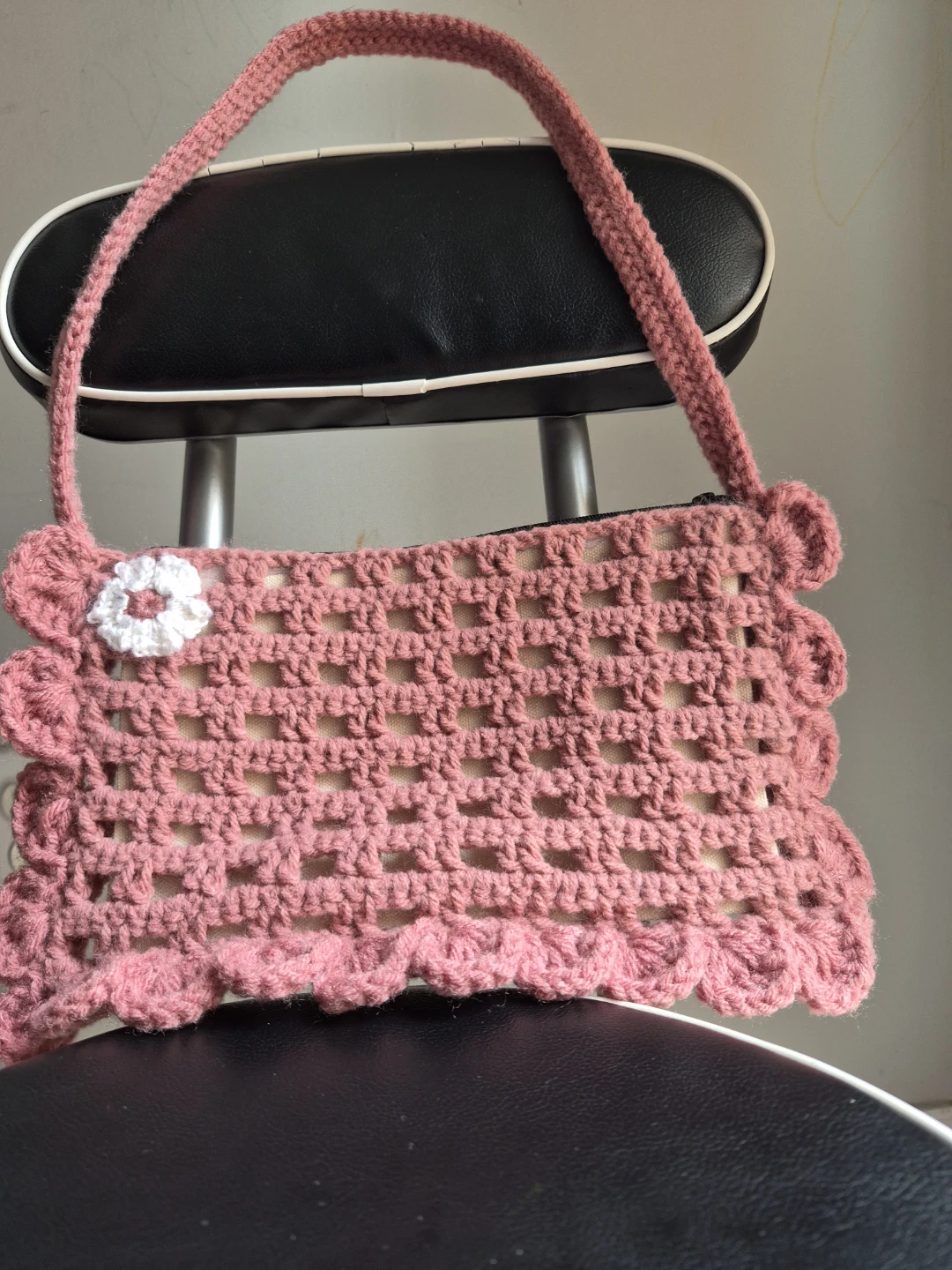 Pink Crochet Handbag with Flower Detail