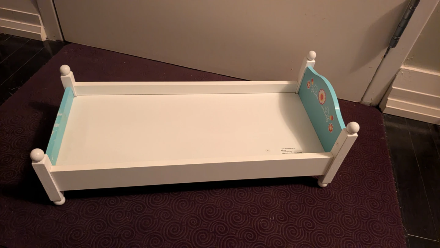 White and Blue Doll Bed with Floral Detail