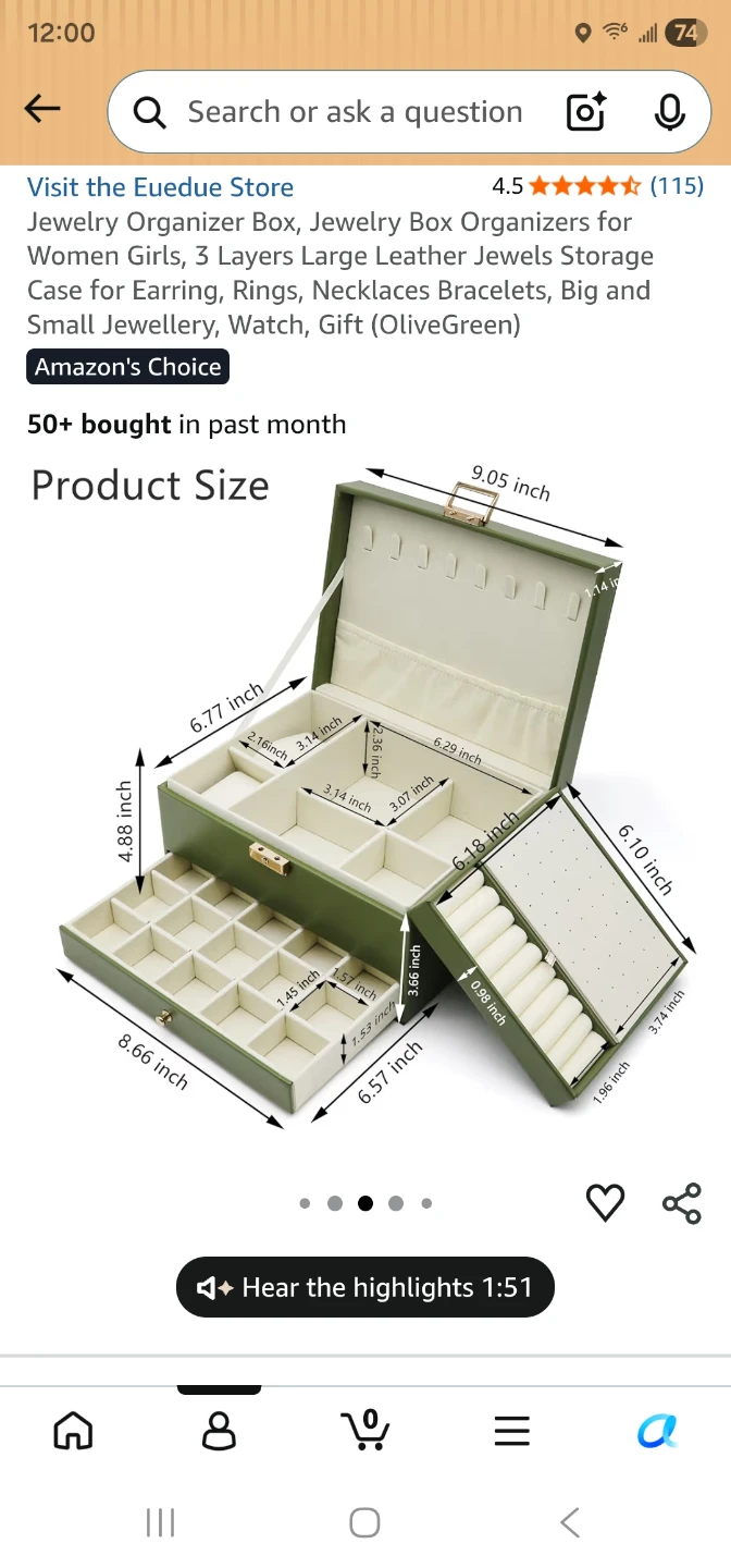 Olive Green Leather Jewelry Organizer Box